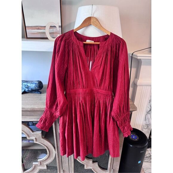 Ulla Johnson Rory Metallic Cotton Long Sleeve Mini Dress Ruby Red Size 4 - Picture 3 of 13